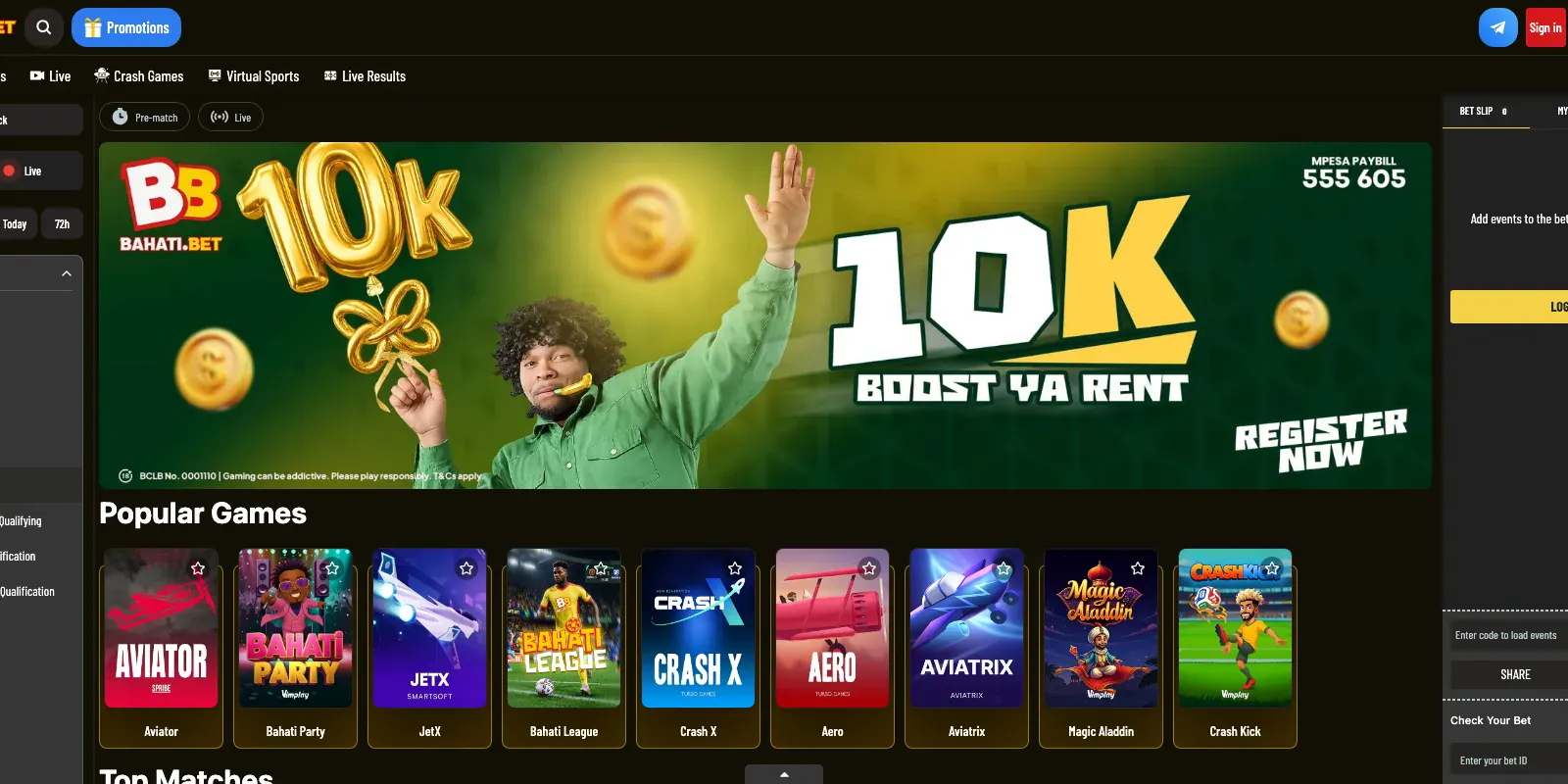 BahatiBet homepage screenshot in Kenya