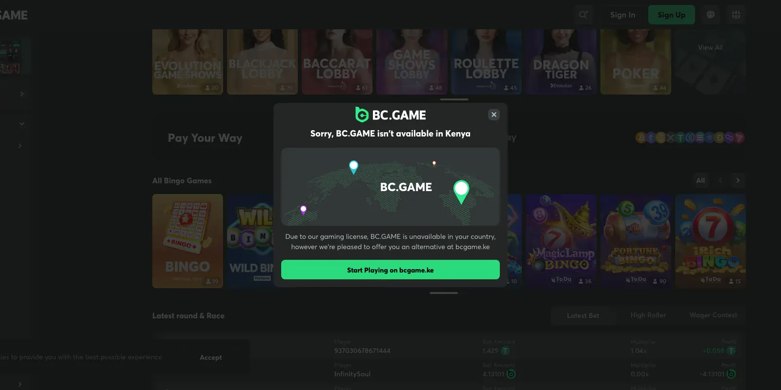 BC.Game homepage screenshot in Kenya