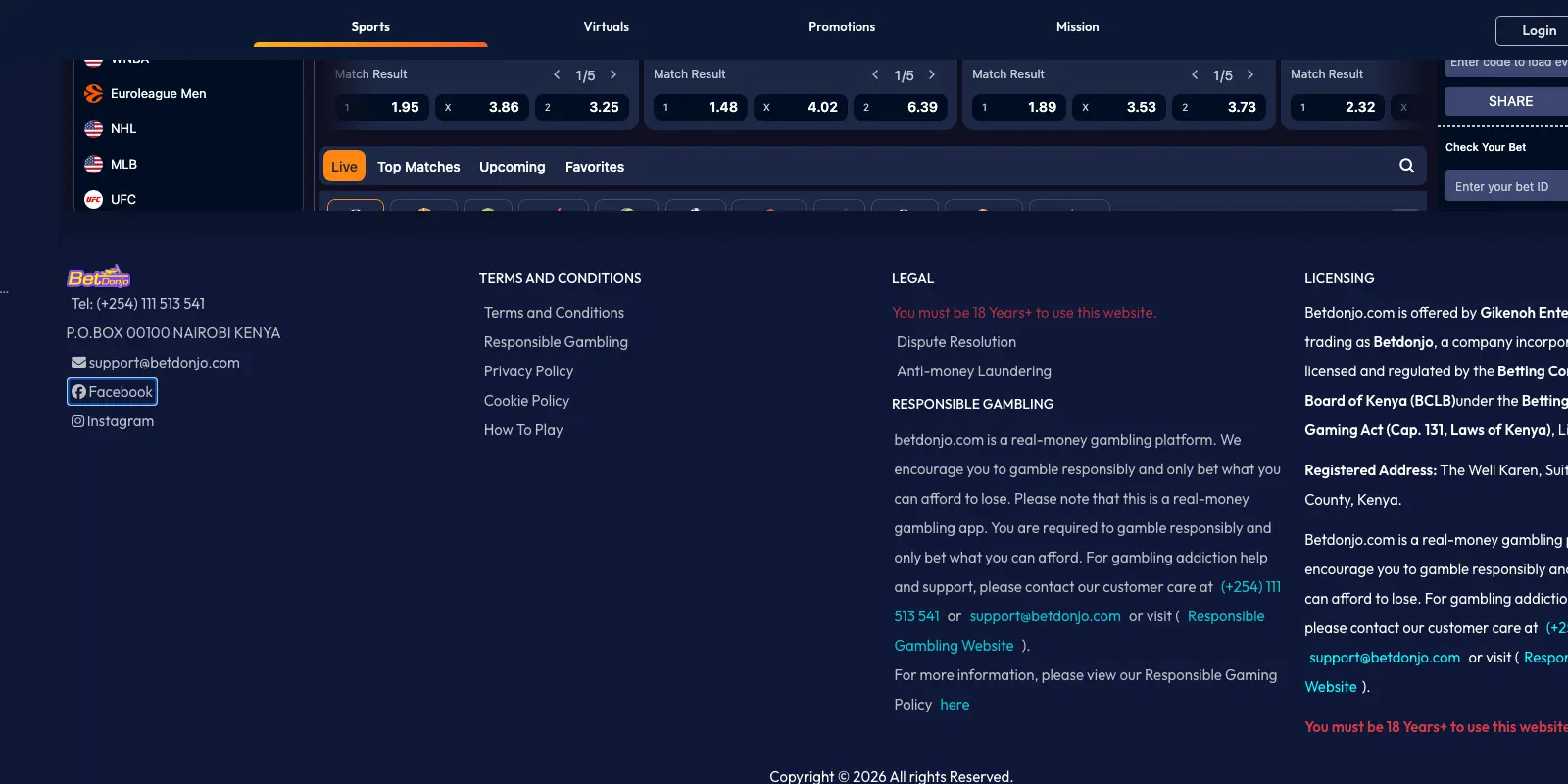 Betdonjo homepage screenshot in Kenya