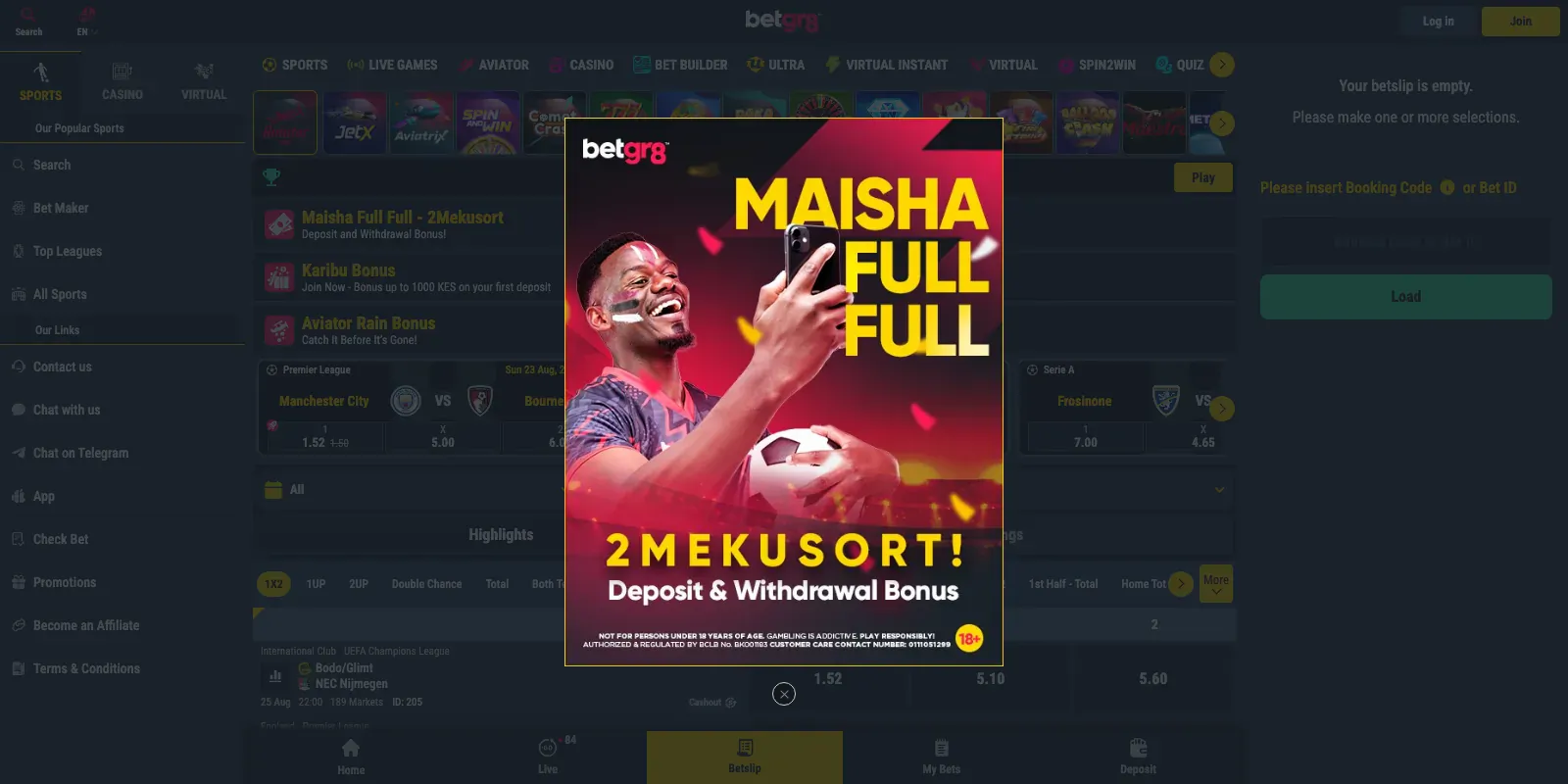 Betgr8 homepage screenshot in Kenya