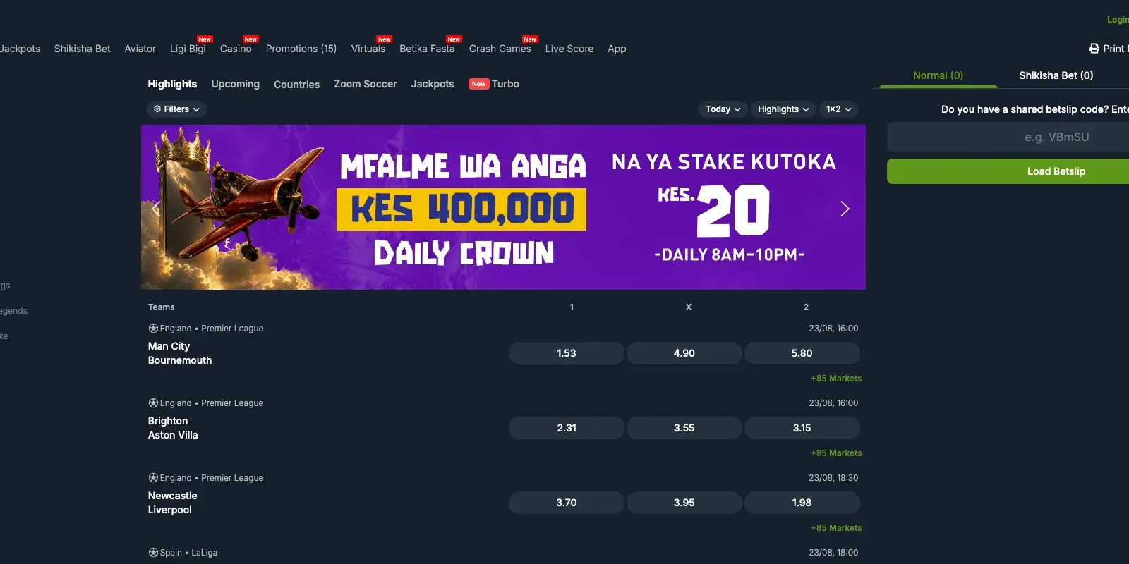 Betika homepage screenshot in Kenya