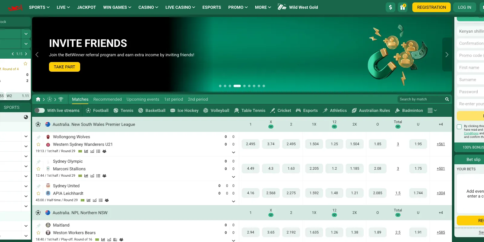 Betwinner homepage screenshot in Kenya