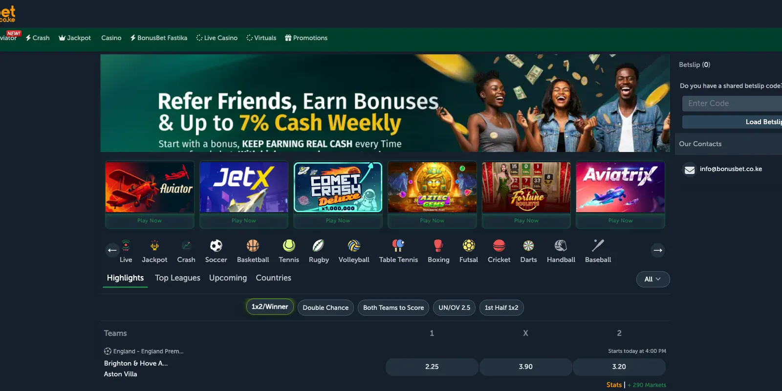 Bonusbet homepage screenshot in Kenya