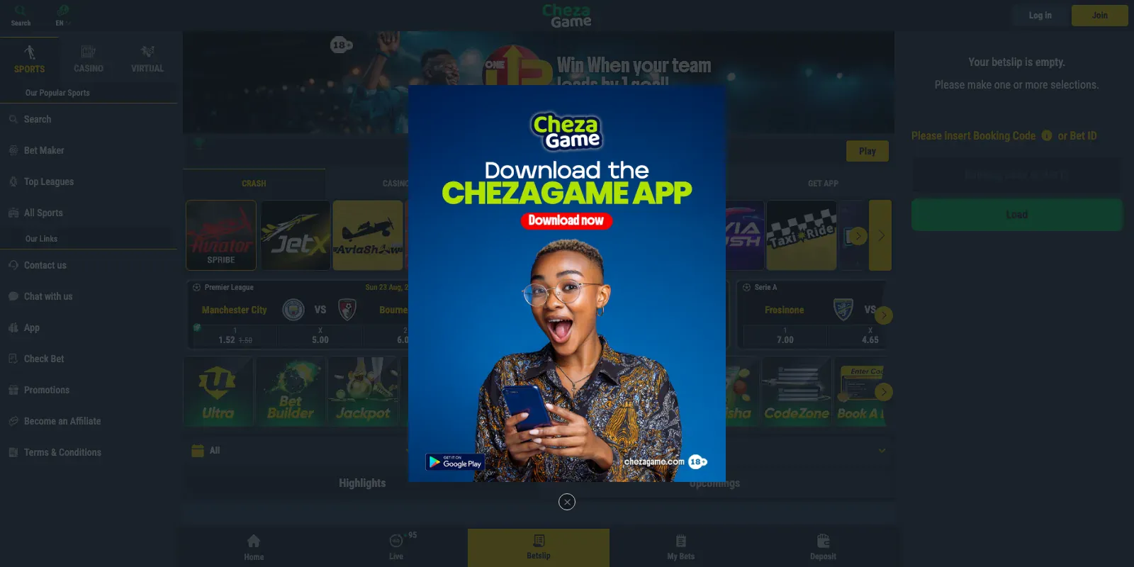 Chezagame homepage screenshot in Kenya