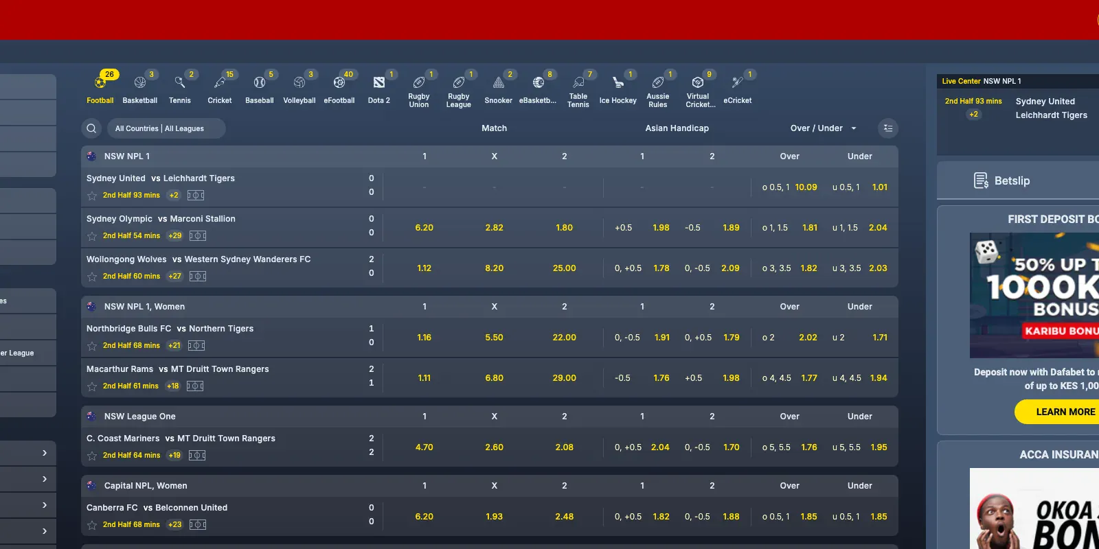 Dafabet homepage screenshot in Kenya