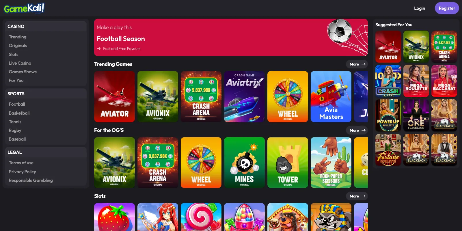Gamekali homepage screenshot in Kenya