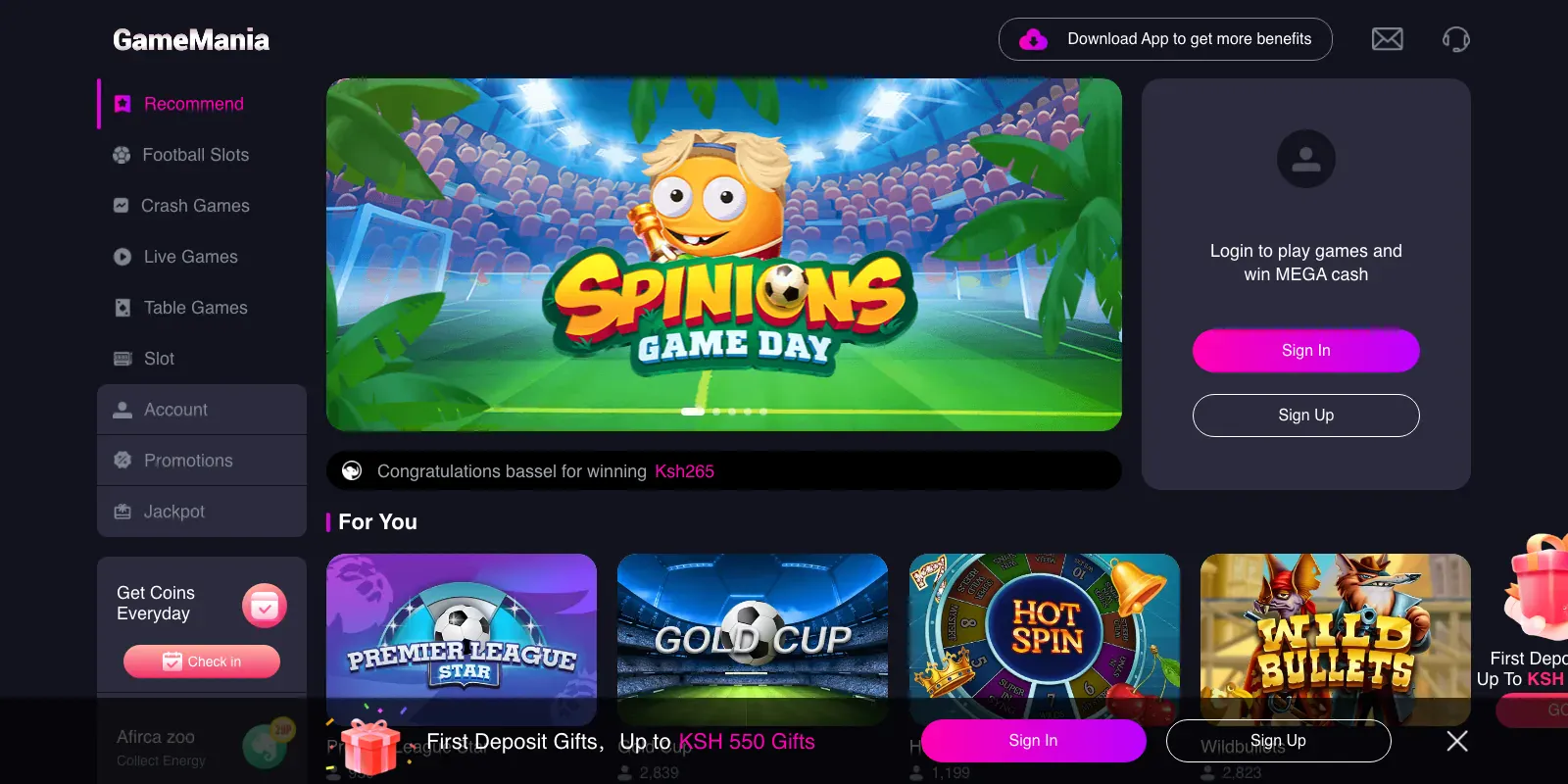 Gamemania homepage screenshot in Kenya