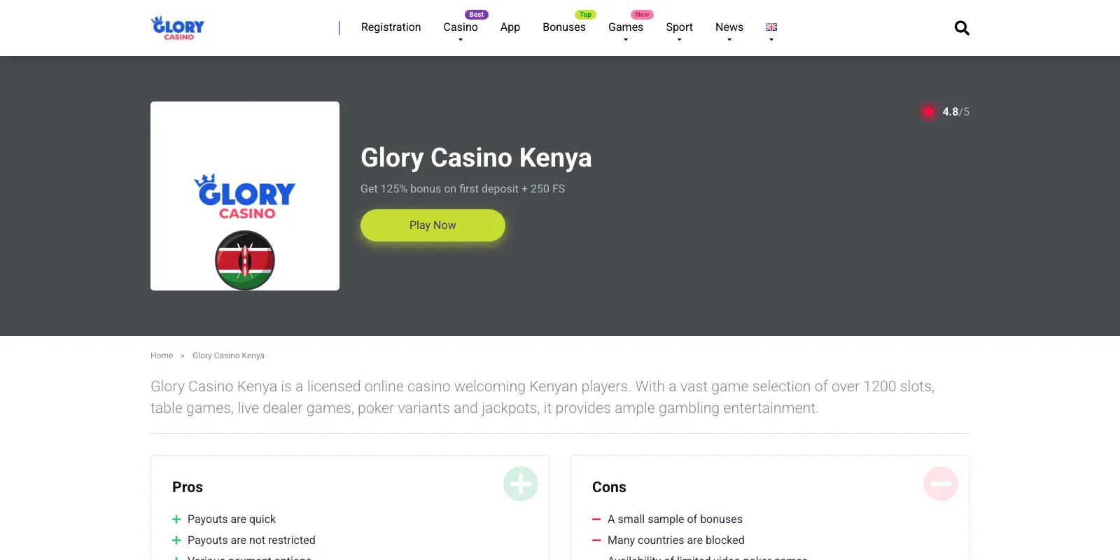 Glory Casino homepage screenshot in Kenya