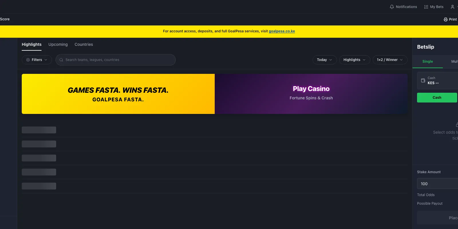 Goalpesa homepage screenshot in Kenya
