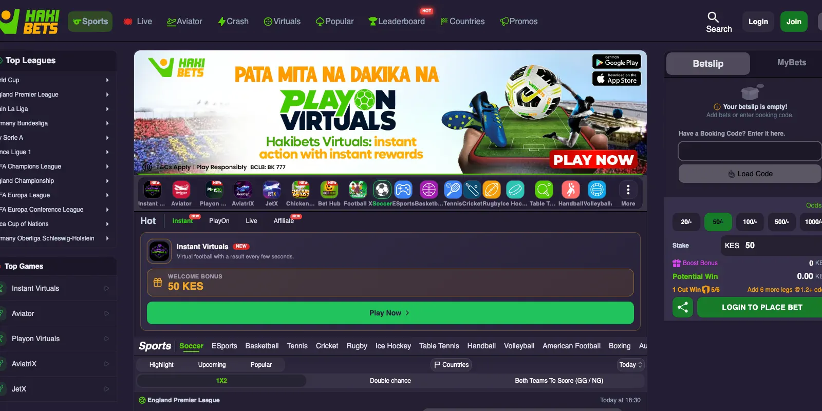 Hakibets homepage screenshot in Kenya