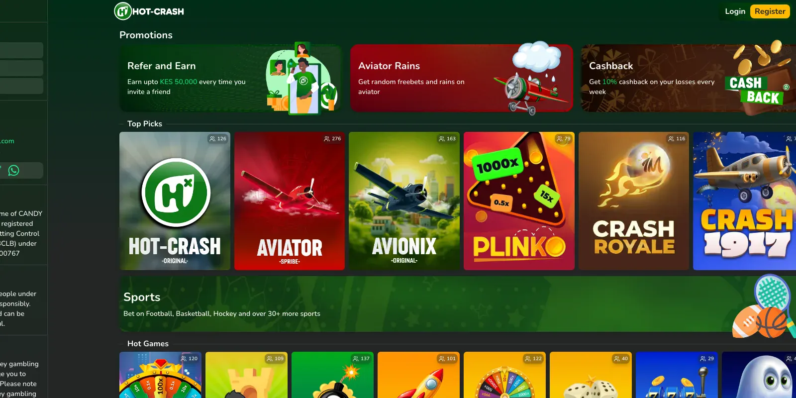 Hot-Crash homepage screenshot in Kenya