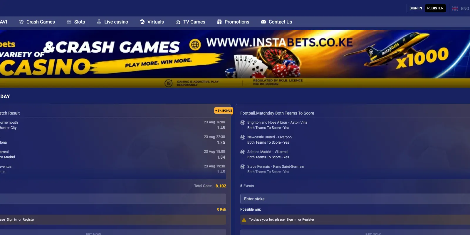 Instabets homepage screenshot in Kenya