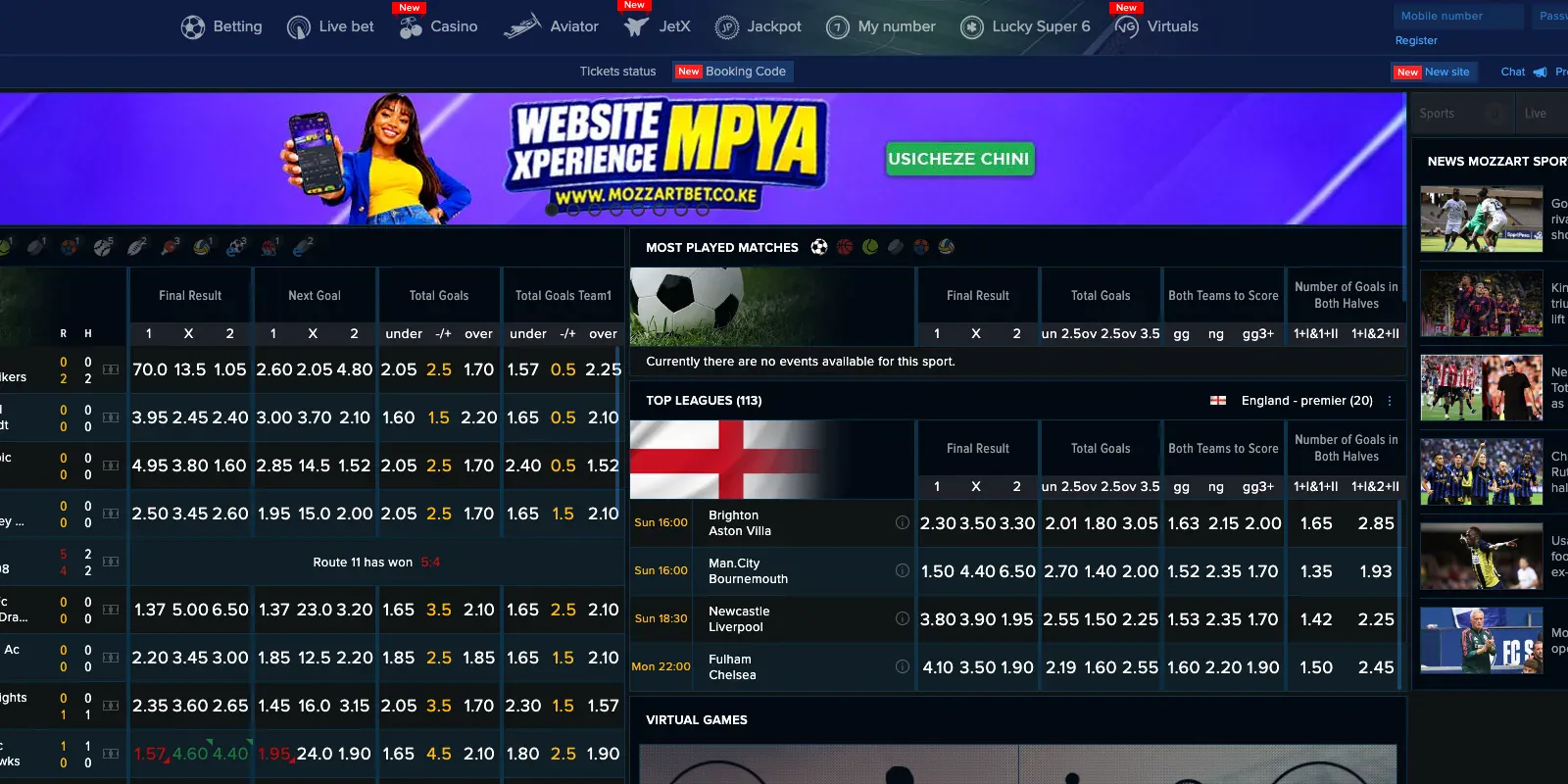 Mozzartbet homepage screenshot in Kenya
