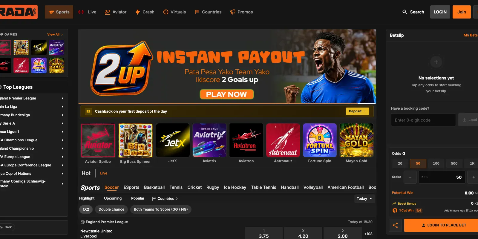 Radabet homepage screenshot in Kenya
