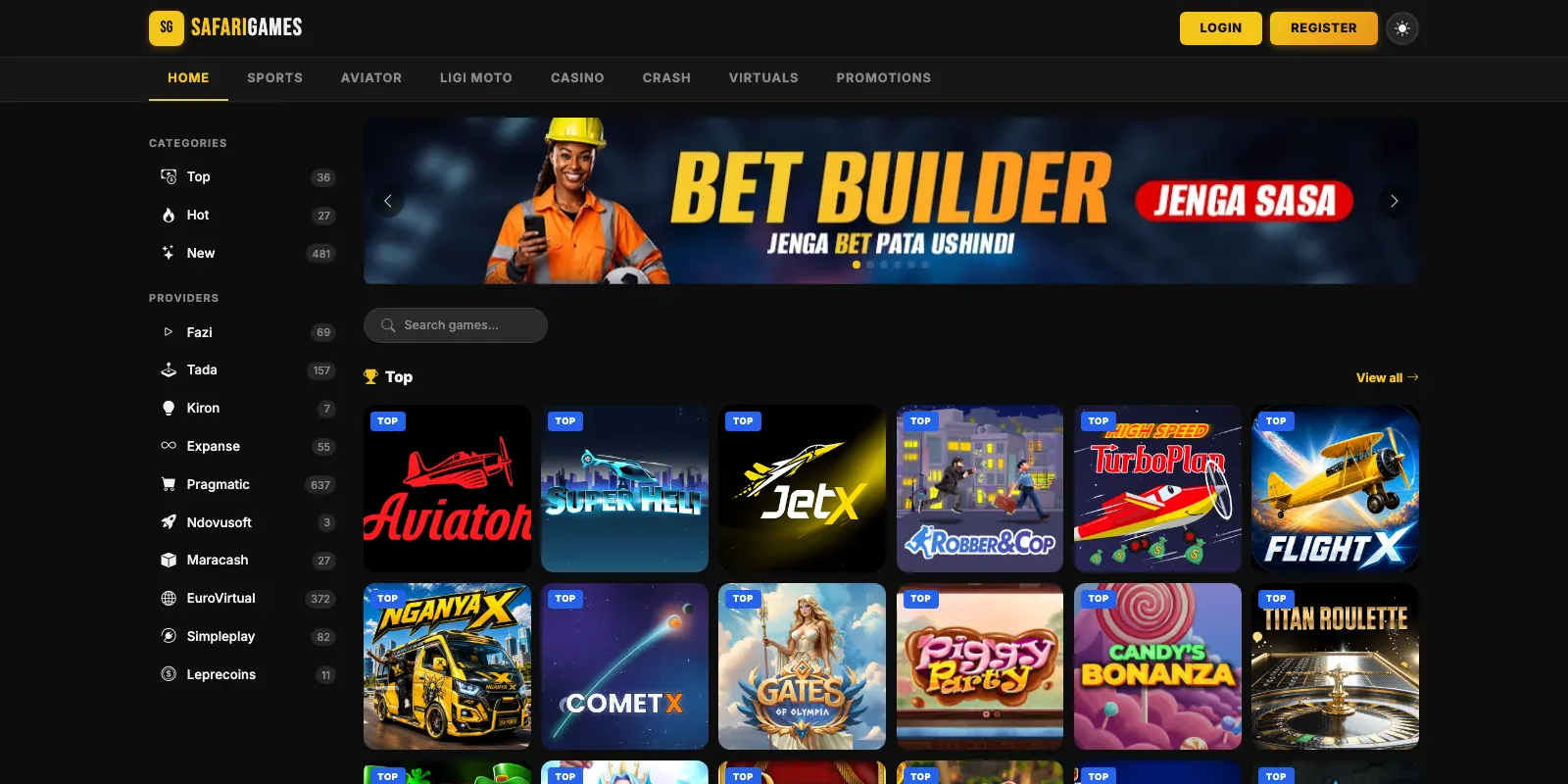 SafariGames homepage screenshot in Kenya