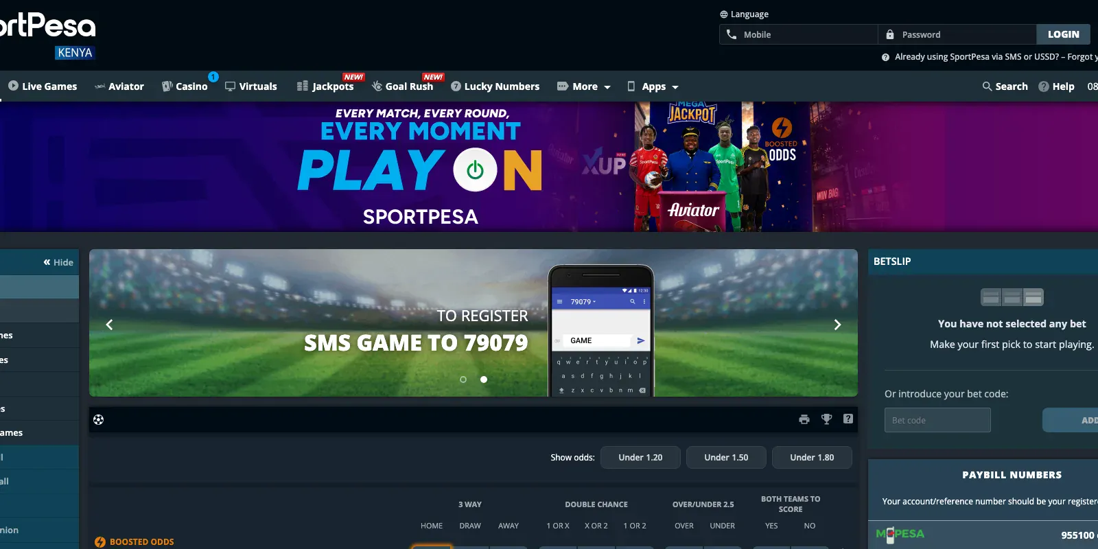 SportPesa homepage screenshot in Kenya