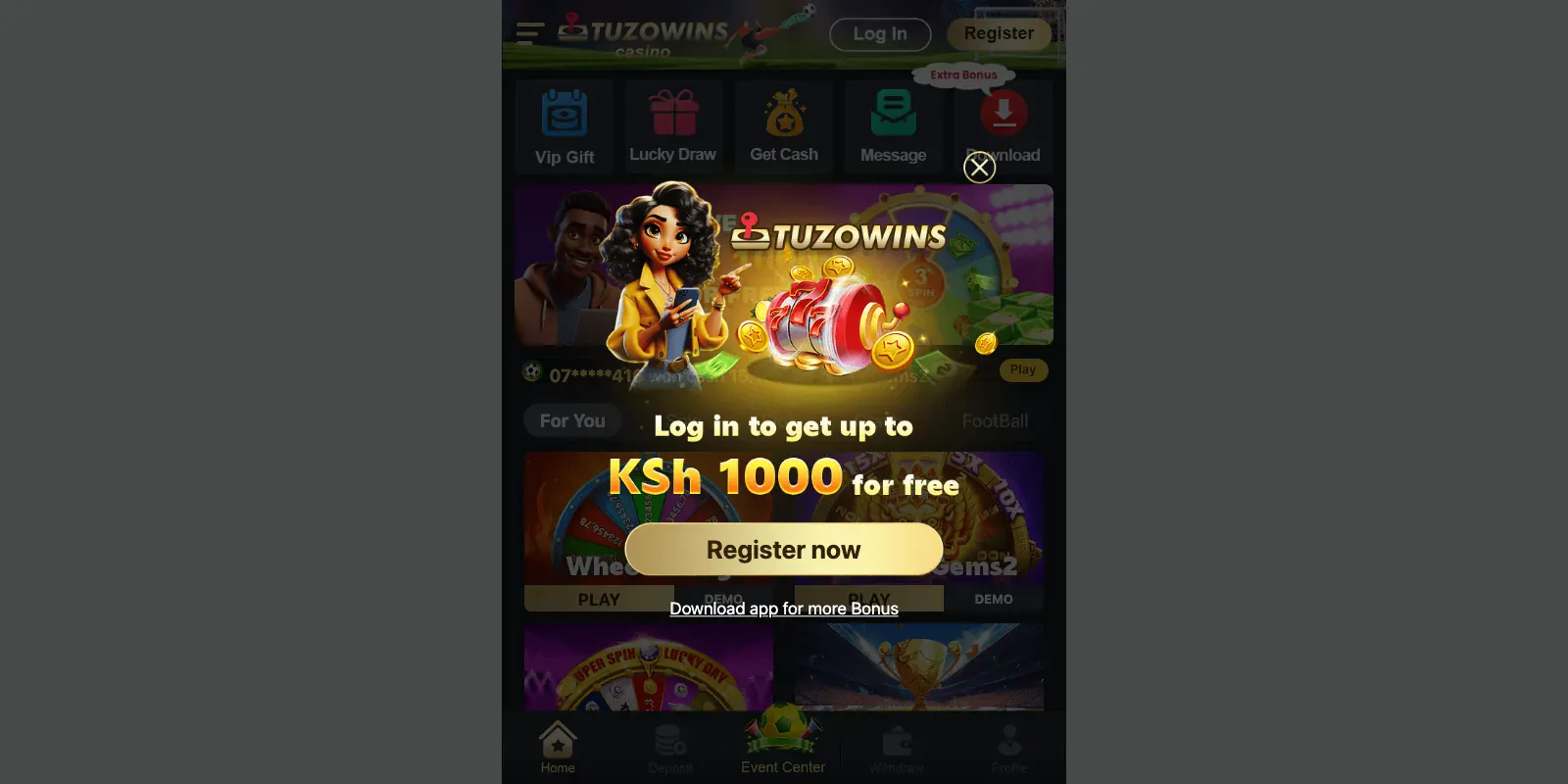 Tuzowins homepage screenshot in Kenya